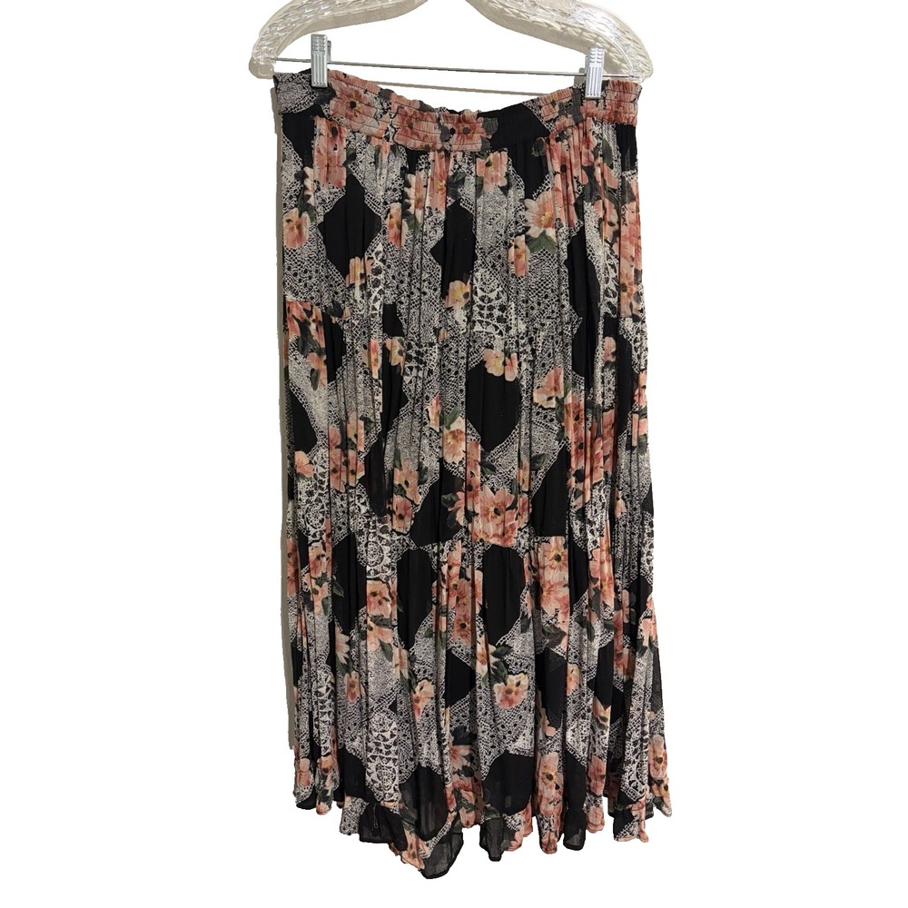 Vtg 90s Neo Nostalgia Black Floral Tiered Maxi Skirt~M~Lined Romantic Grunge